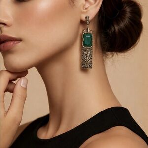 Stamped Miracle Vintage Earrings with Green Glass Stone